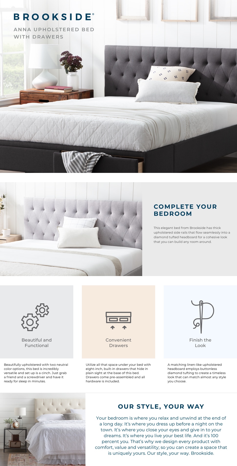 Brookside Anna Upholstered Stone Queen Bed with DrawersBSQQST04D2SB